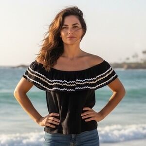 Gibson Off/on The Shoulder Ruffle Top Black Textured Cotton Women's Size S